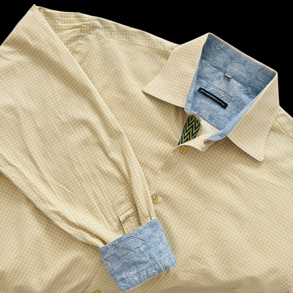 Visconti Uomo Button Up Shirt Mens L Yellow Micro Check Mercerized Cotton Luxury